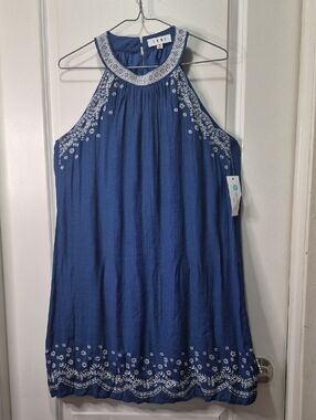 THML Blue Embroidered Halter Mini Dress